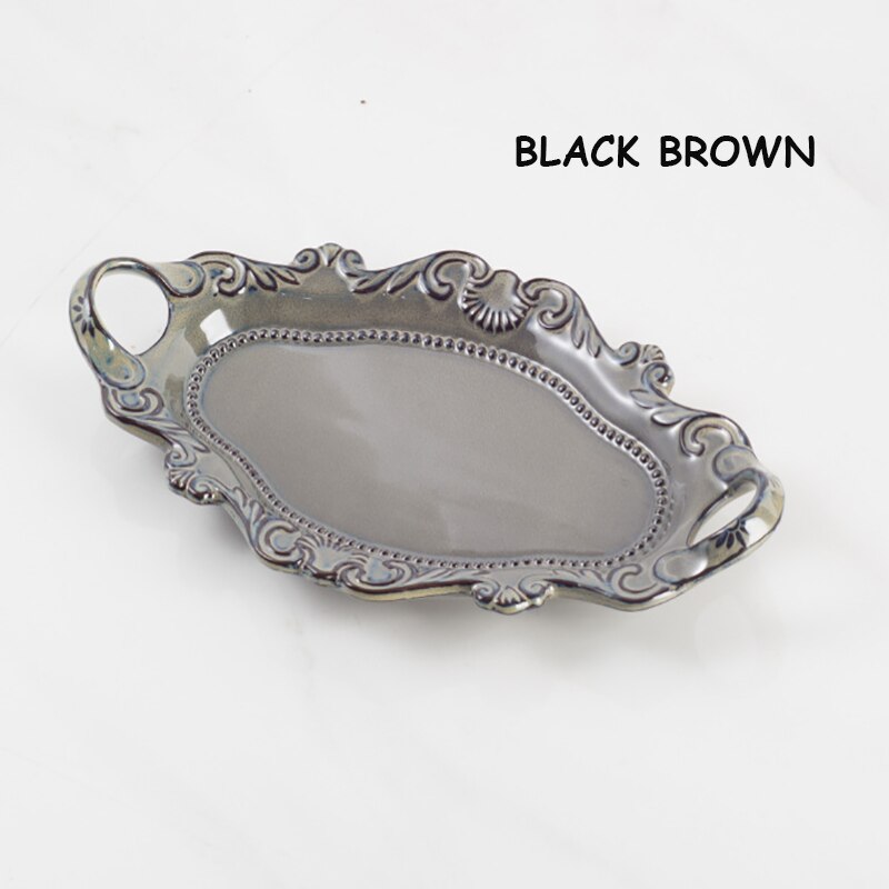 Placa cerámica de Navidad occidental, vajilla blanca con relieve, bandeja de doble oreja con esmalte de horno, bandeja marrón, plato de pescado: Black brown