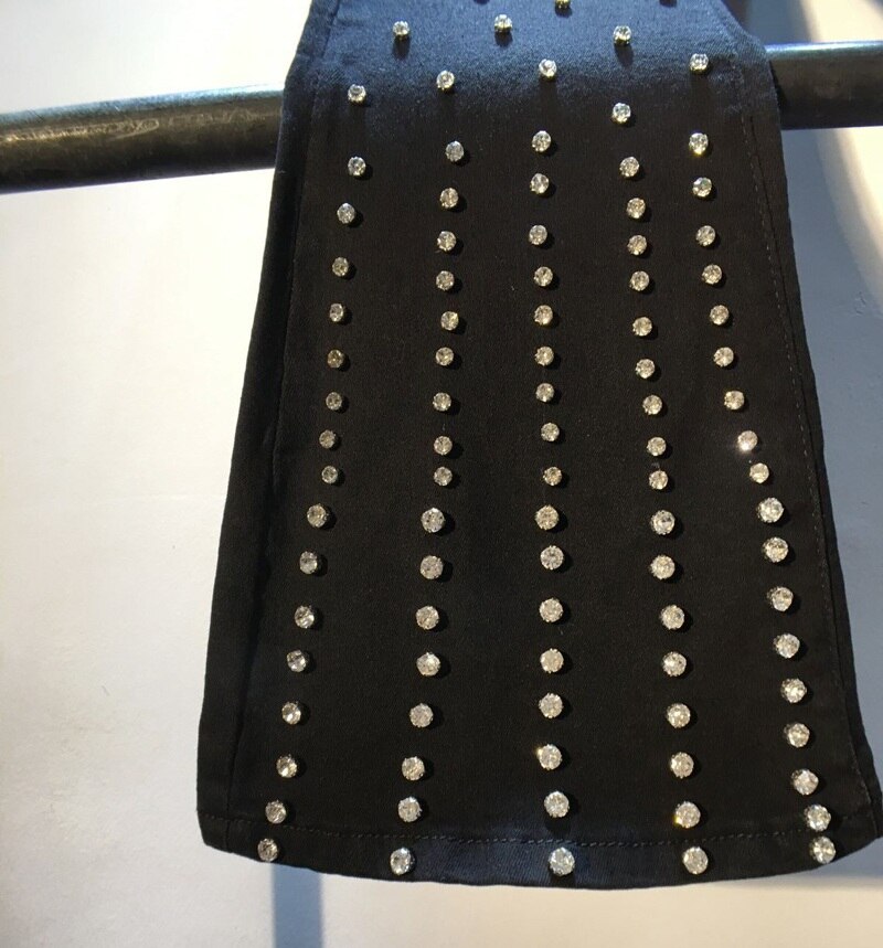 Women autumn elastic denim flare pants black solid diamonds striped ankle length slim jeans ladies high waist Rhinestone trouser