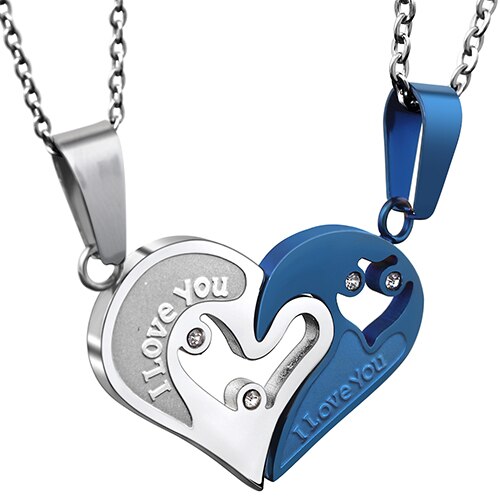 Twee Kleuren Rvs Heren Dames Paar Ketting Hanger Liefde Hart Cz Puzzel Matching: blue