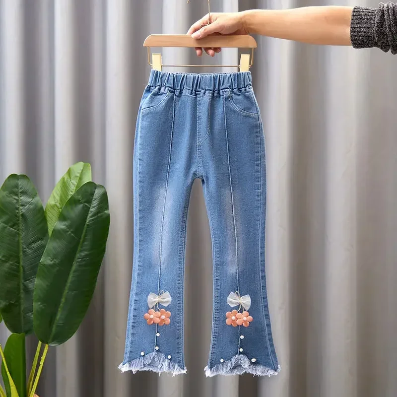 Jeans longs évasés pour enfants, pantalons de cow-boy pour filles, pantalons pour enfants de 4 à 10 ans, printemps, automne, , 2024: BLEU CIEL / 6M