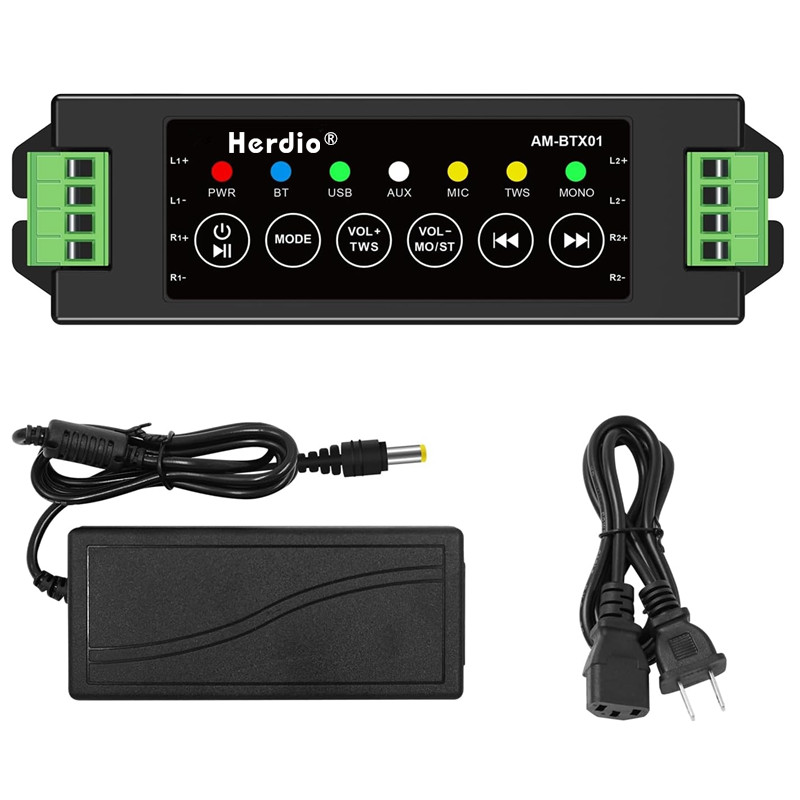 Herdio 24V3A Power Adapter 4-Channel Mini Bluetooth Amplifier For Passive Speakers With TWS AUX MIC USB For Wall Ceiling Speaker