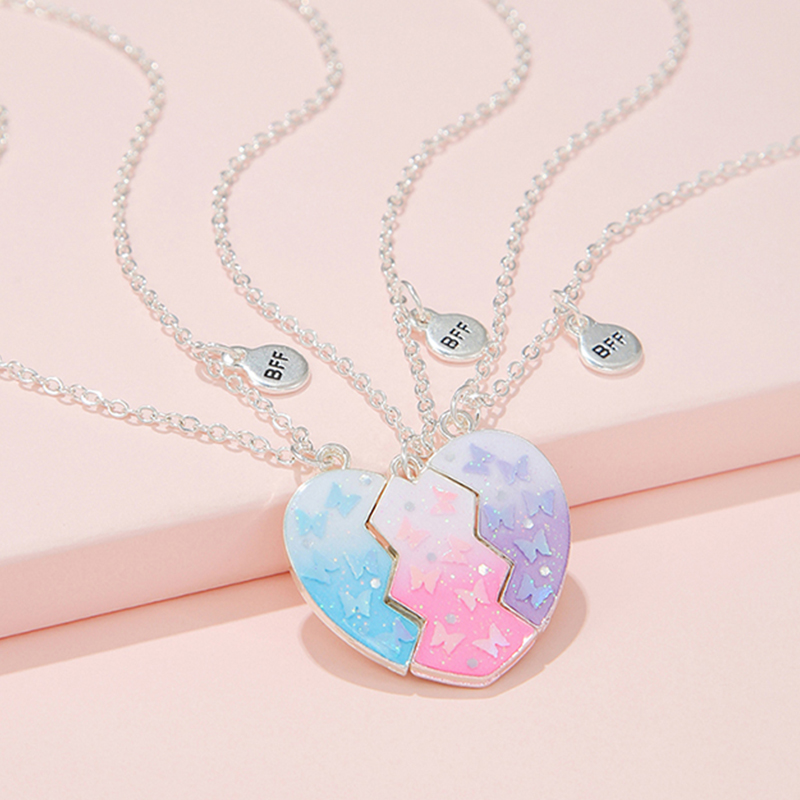 3 stks/set Kleurrijke Vlinder Glitter Gebroken Perzik Hart Hanger voor 3 Meisjes Vriendschap BFF Kettingen Beste Vriend Sieraden