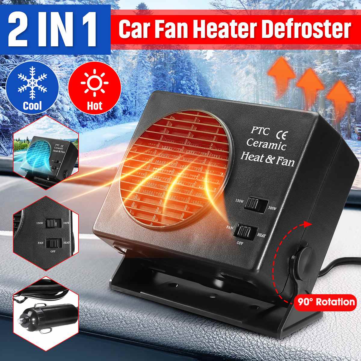 150W/300W céramique voiture chauffage 12V pare-brise dégivreur désembuage Portable 2 en 1 hiver chauffage électrique ventilateur de refroidissement maison plus