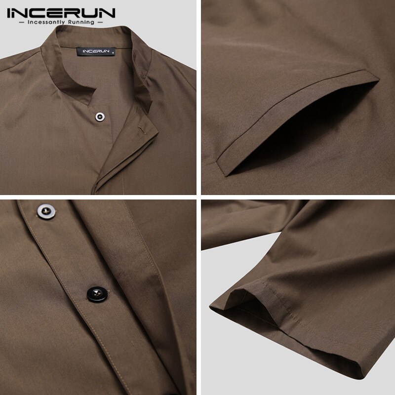 INCERUN Men Muslim Kaftan Islamic Arabic Jubba Thobe Long Sleeve Button Stand Collar Caftan Solid Color Middle East Dubai Robes