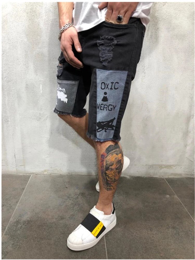 Summer Men Ripped Printed Letters Stretch Denim Shorts Male Slim Fit Elastic Patchwork Hip Hop Casual Denim Shorts