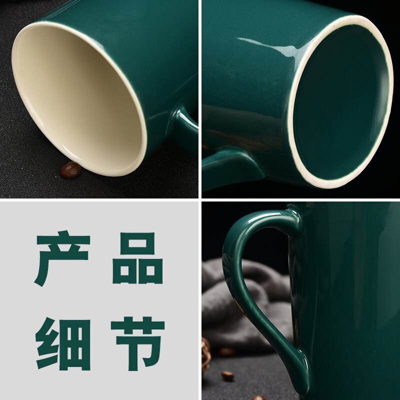 Ceramic Coffee Mugs Green Color Glazed Handgrip Tea Cups with Lids and Spoon