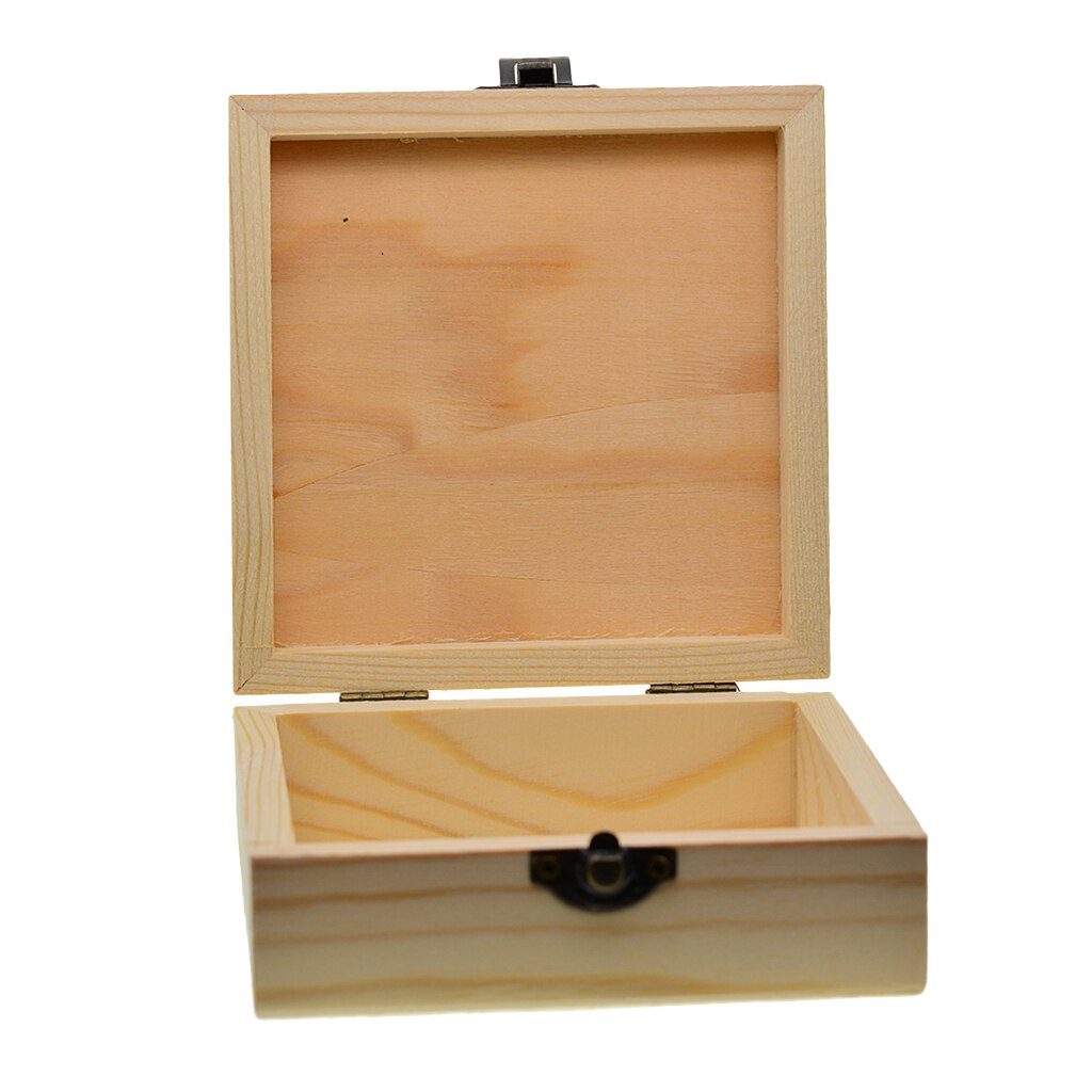 Square Unpainted Wooden Jewelry Box Plain Unfinished Wood Trinket Box Case Container with Lid 12x12x5cm