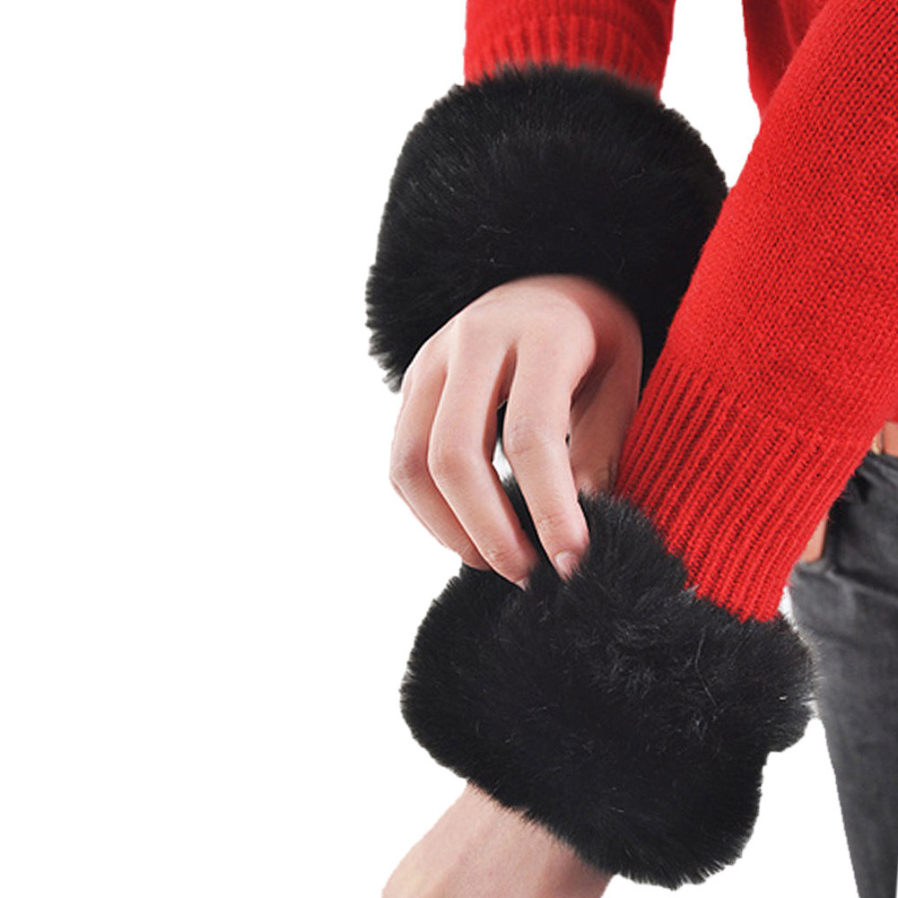 1 par kvinder vinter varm imiteret pels elastisk håndledsslag på manchetter damer ensfarvet armvarmer plys håndledsbeskytter