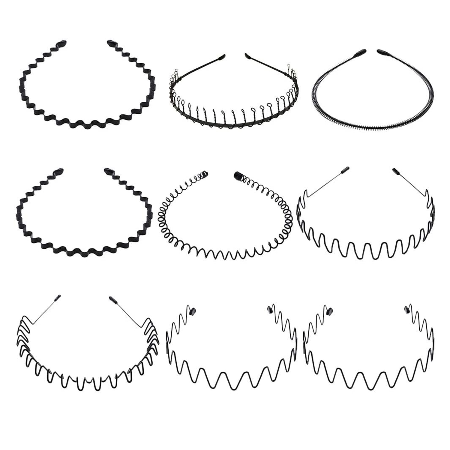 9Pcs Unisex Eenvoudige Black Metal Wave Haarband Haar Hoops Hoofddeksels Sport Hoofdband Accessoires Voor Mannen Vrouwen