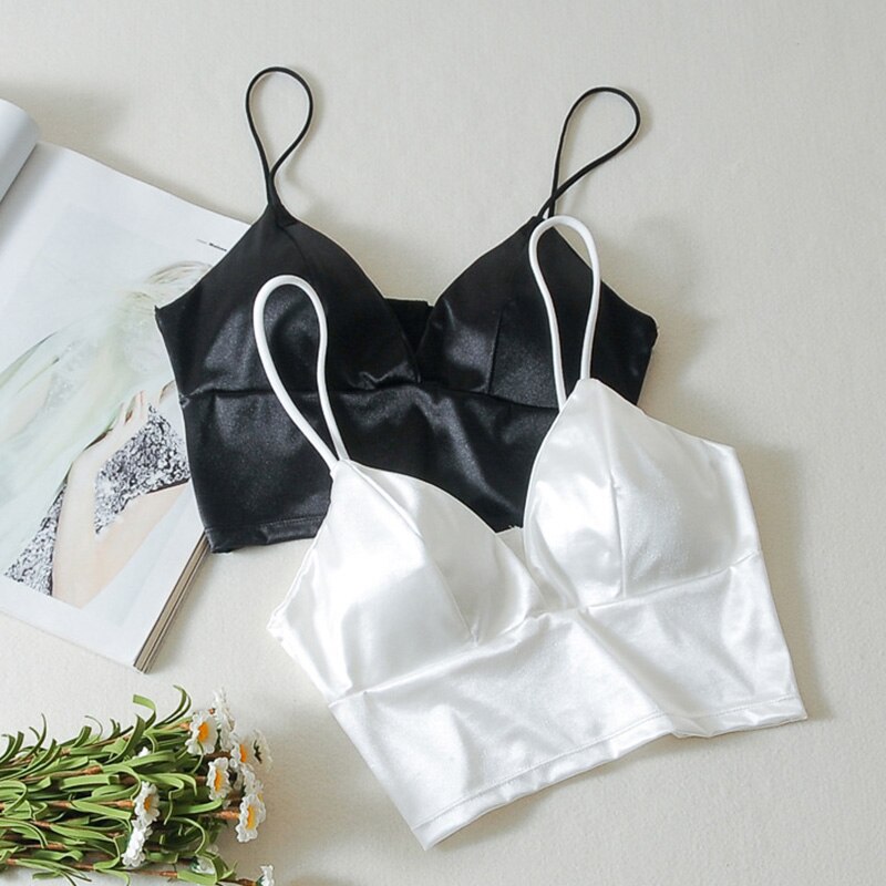 Sexy Satijnen Crop Tops Vrouwen Draadloze Bralette Gehaakte Top Vrouwelijke Spaghetti Band T-shirt Cropped Met Borst Padded Hemdje Camis
