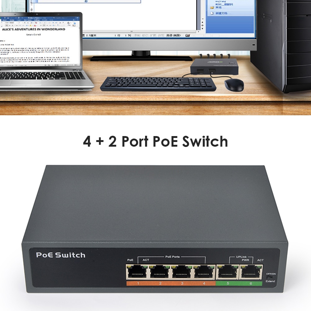 Commutateur réseau intelligent 65W 48V POE 10/100 Mbps 4 + 2 Ports RJ45 Ethernet, pour caméra IP, moniteur de sécurité CCTV