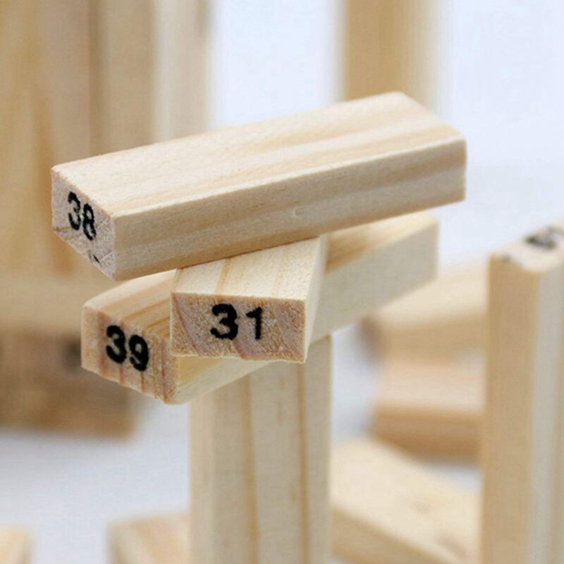 Juego de apilamiento de bloques de madera de 54 piezas con números y dados