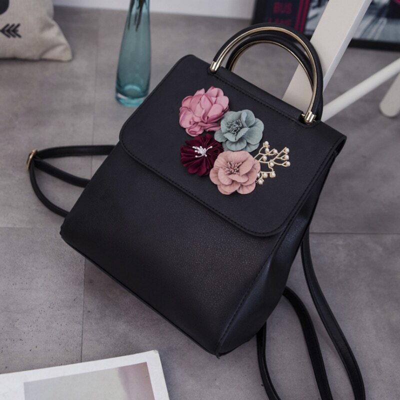 Mulheres de Couro PU Mochila Feminina Tendência Estilo Três-dimensional Flor Bolsa de Ombro das Mulheres Mochila (Preto)