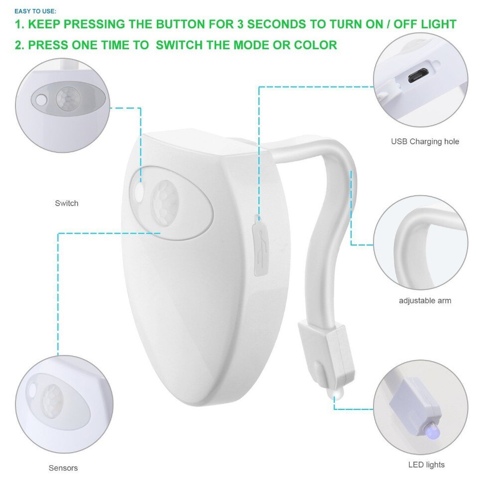 Oświetlenie toalety WC USB ładowanie wodoodporne podświetlenie dla muszla klozetowa 8 kolorów inteligentny czujnik PIR czujnik ruchu doprowadziło lampka nocna robić łazienki