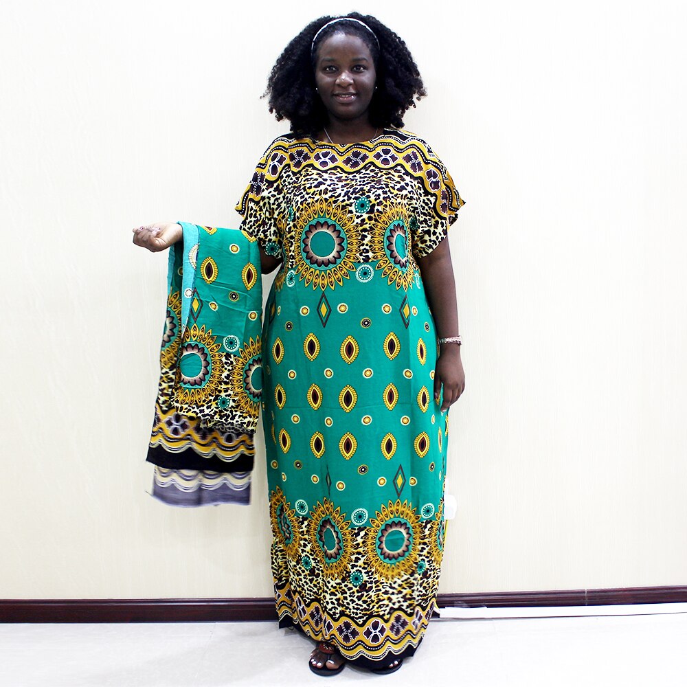 Plus størrelse leopard print bomuld afslappet lang kjole kvinder efterår rund hals afrikanske dashiki tøj med tørklæde: Grøn