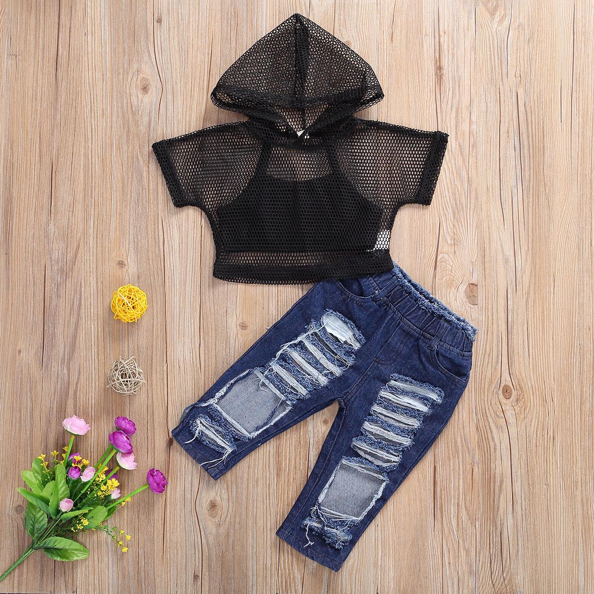 Spädbarn barn 3 st uppsättningar fisknät huva grödor väst toppar slitna hål jeans byxor ytterkläder barn sommarkläder