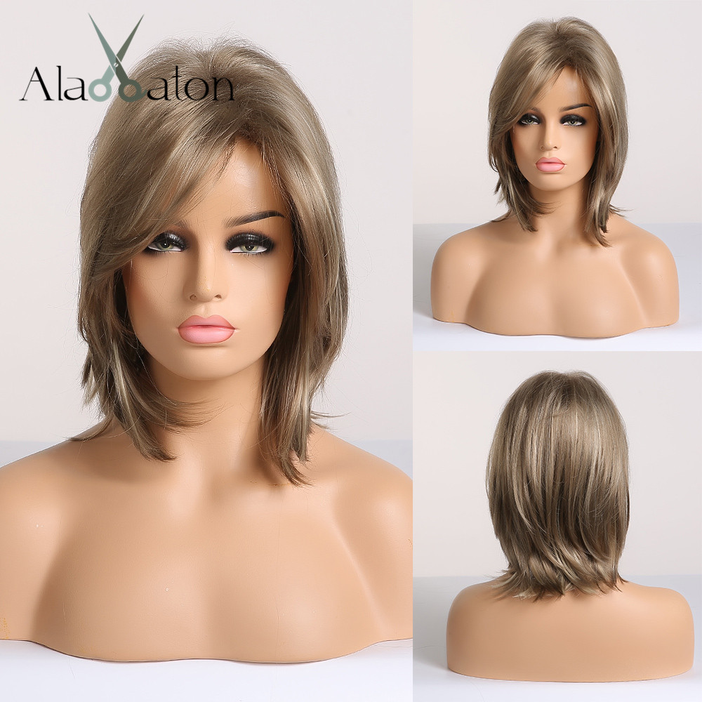 ALAN EATON Synthetic Hair Lady Short Wavy Wigs for Women Mix Brown Blonde Ash Wigs with Side Bangs High Temperature Fiber
