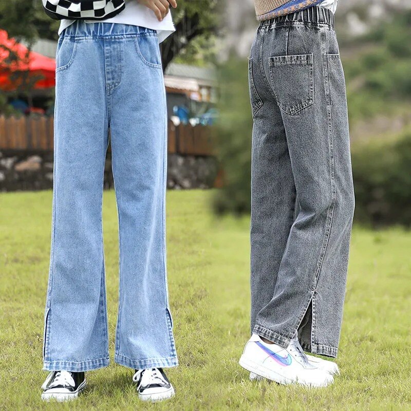 Pantalones vaqueros azules coreanos para niñas y adolescentes, pantalón largo de pierna ancha, para primavera, 4, 5, 6, 8, 9, 10, 12, 14 y 16 años
