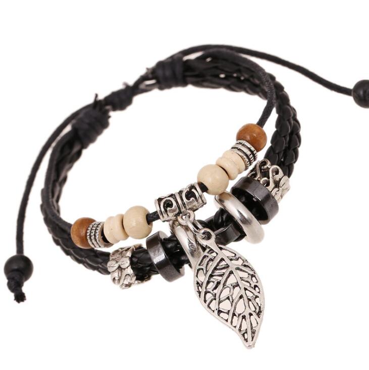 NADEEM-pulsera de cuero con de hoja de arce para hombre y mujer, brazalete ajustable de cuero trenzado, hecho a mano: B01378Black