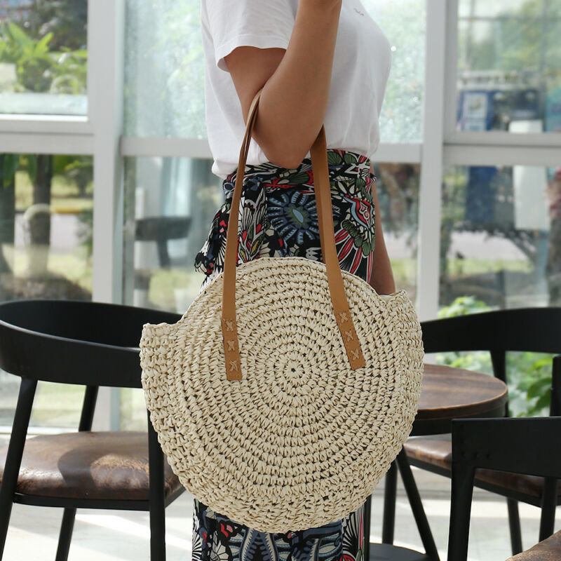 Bolso de mano tejido bohemio para mujer, bolso de playa de verano, bolso de paja, bolsos de hombro redondos de ratán