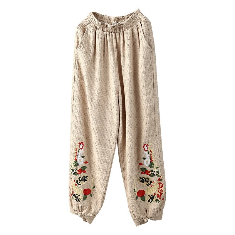 Pantalones étnicos de algodón para mujer, pantalón chino con bordado de flores, estilo Hippie, tobillero, para otoño y primavera,