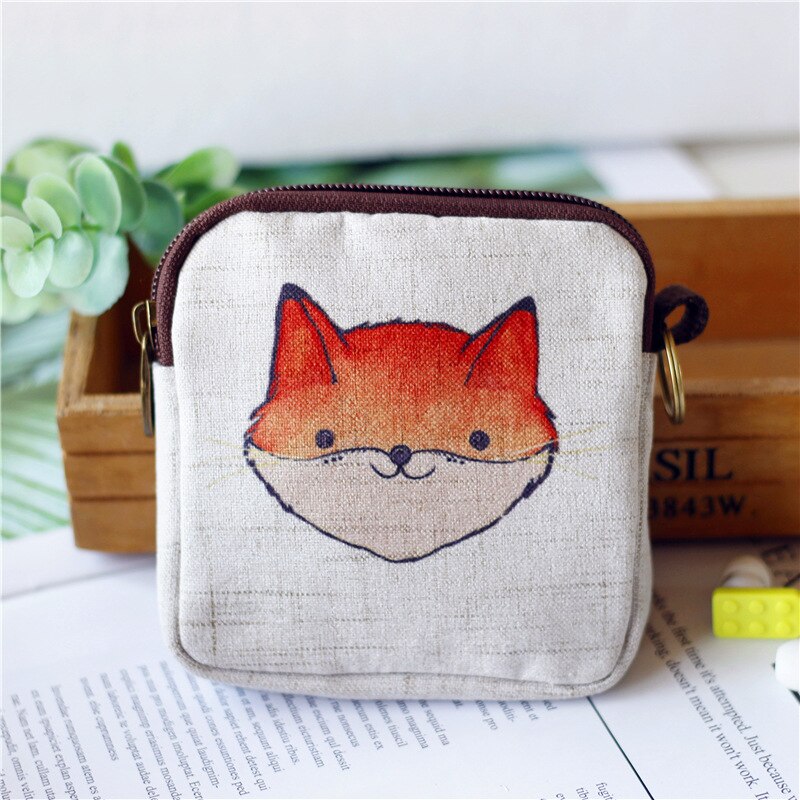 M022 Cartoon Lovely Fox Cat Printed Canvas Zipper Bag Geometric Square Multi-function Zero Wallet Women Student