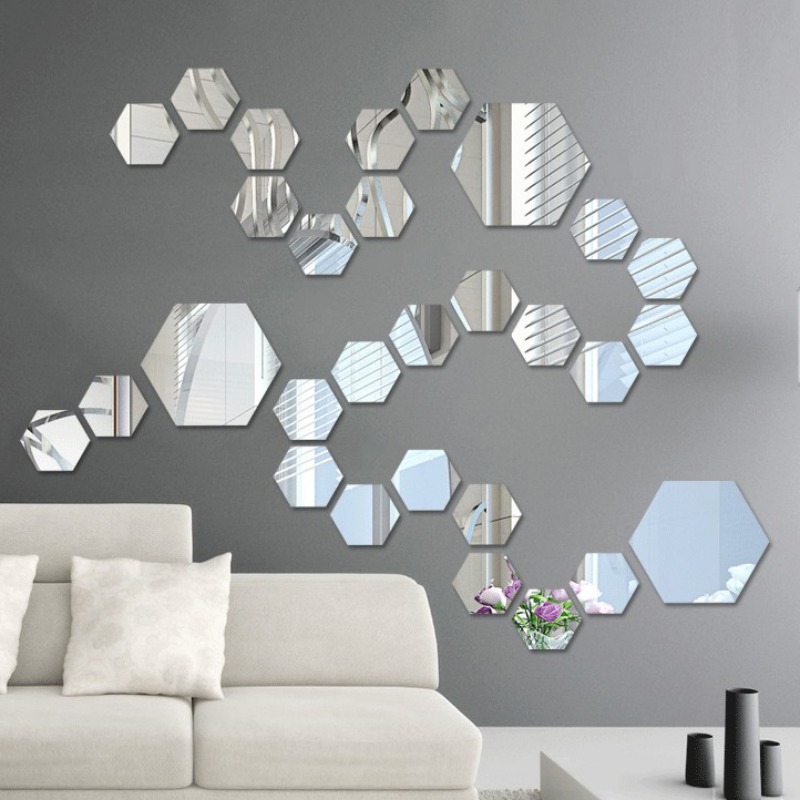 Pegatinas de espejo acrílico para pared lámina de espejo decorativa Hexagonal extraíble, autoadhesiva, para decoración del hogar, sala de estar, dormitorio, 12 Uds.