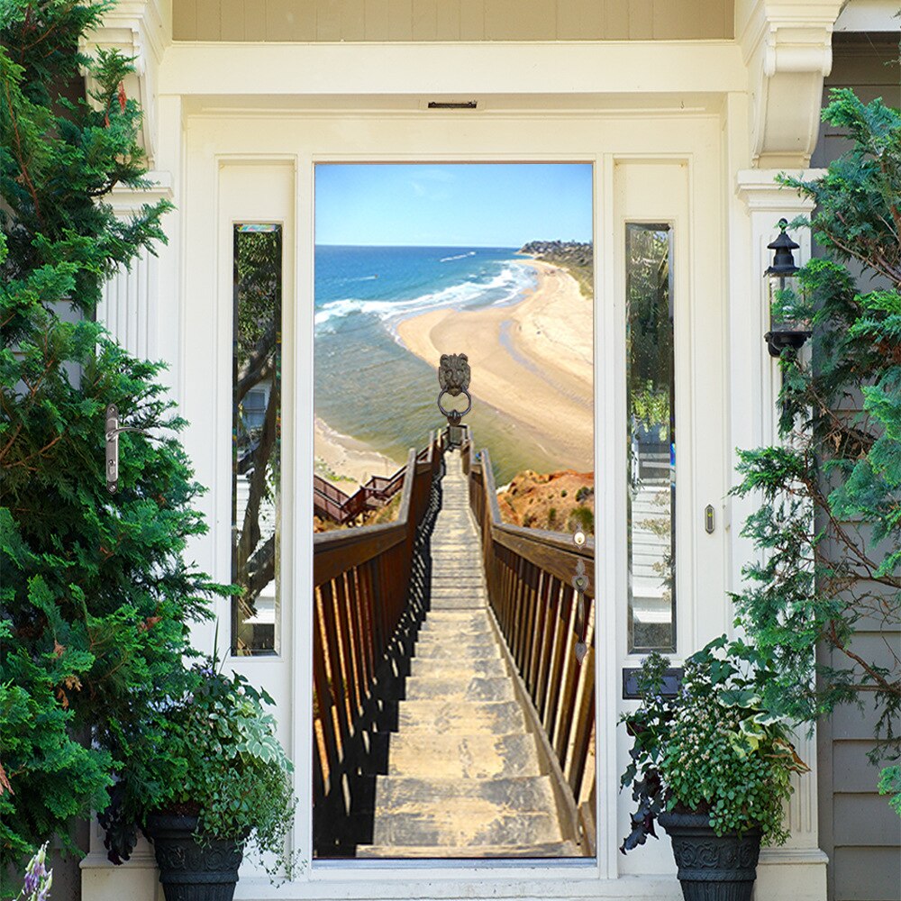Landscape Door Stickers Wooden Bridge Beach Sea View Stickers Bedroom Study Bathroom Door Concealer Decorative Wall Stickers