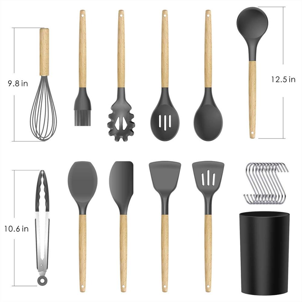 12 Pçs Siliconen Utensílio De Cozinha Conjunto Bpa Livre Não Tóxico Utensílios De Cozinha Alça De Madeira Com Caixa De armazename