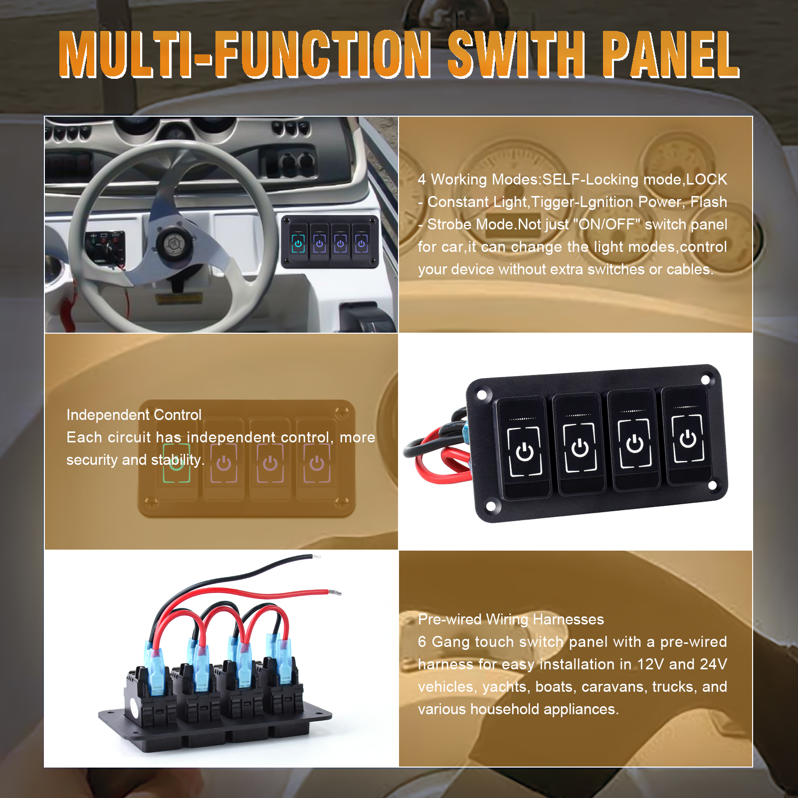 Nice Intelligent Touch Screen 2-8 Gang LED Rocker Switch Panel Switch Panel ON-OFF Waterproof Light Switch for Marine Caravan RV