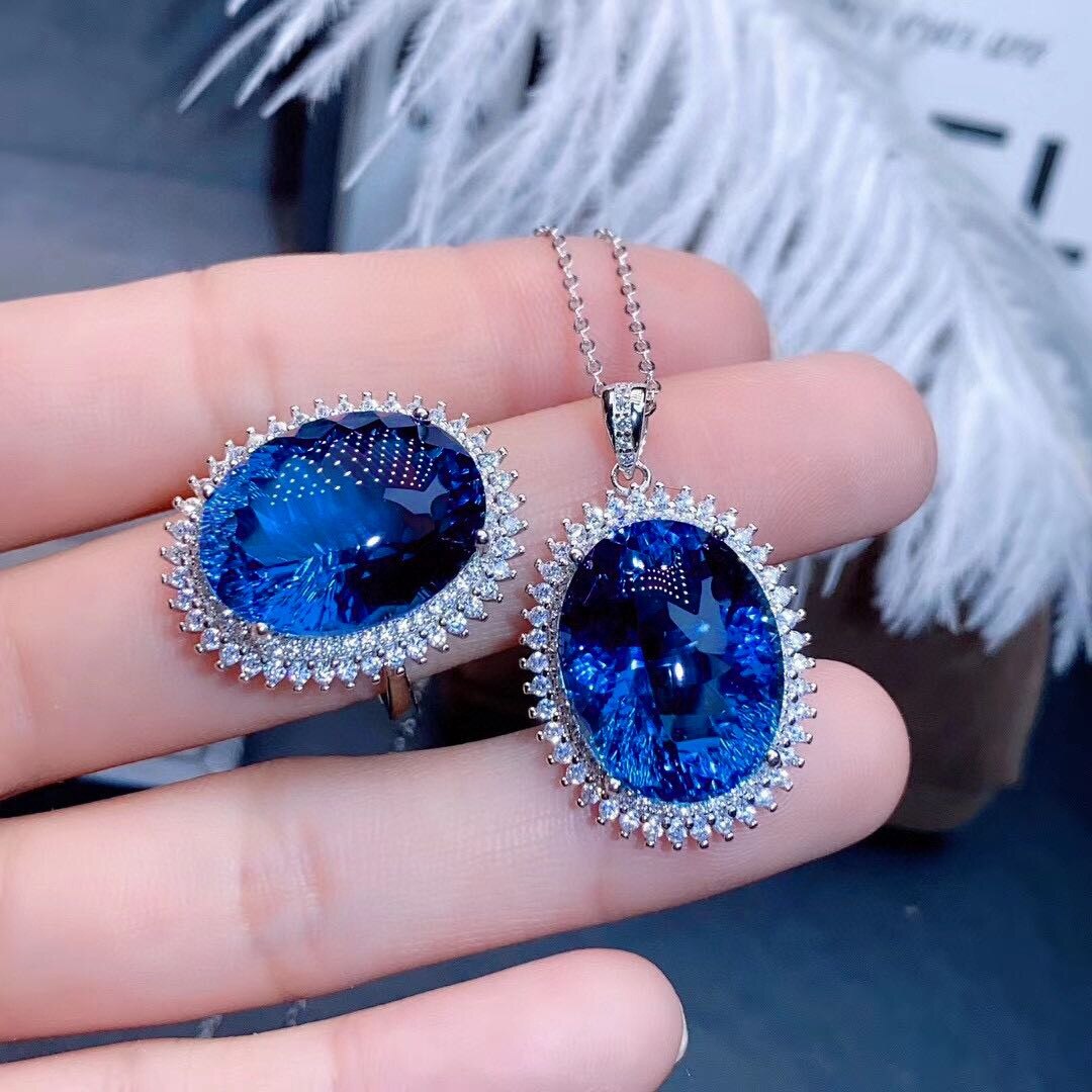 Qtt Zilver Kleur Hangers Ketting Ring Set Ovale Blauwe Natuursteen Zirconia Crystal Romantische Bruids Sieraden Sets