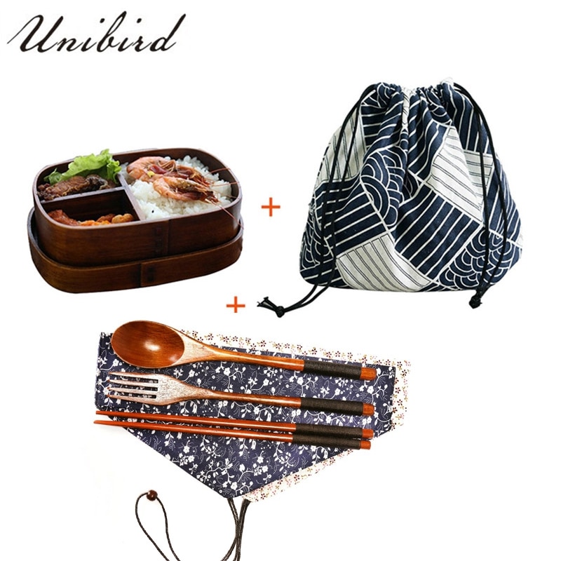Unibird trä japansk oval matlåda med påse & sked ätpinnar sushi matbehållare barnfack bento box matsats