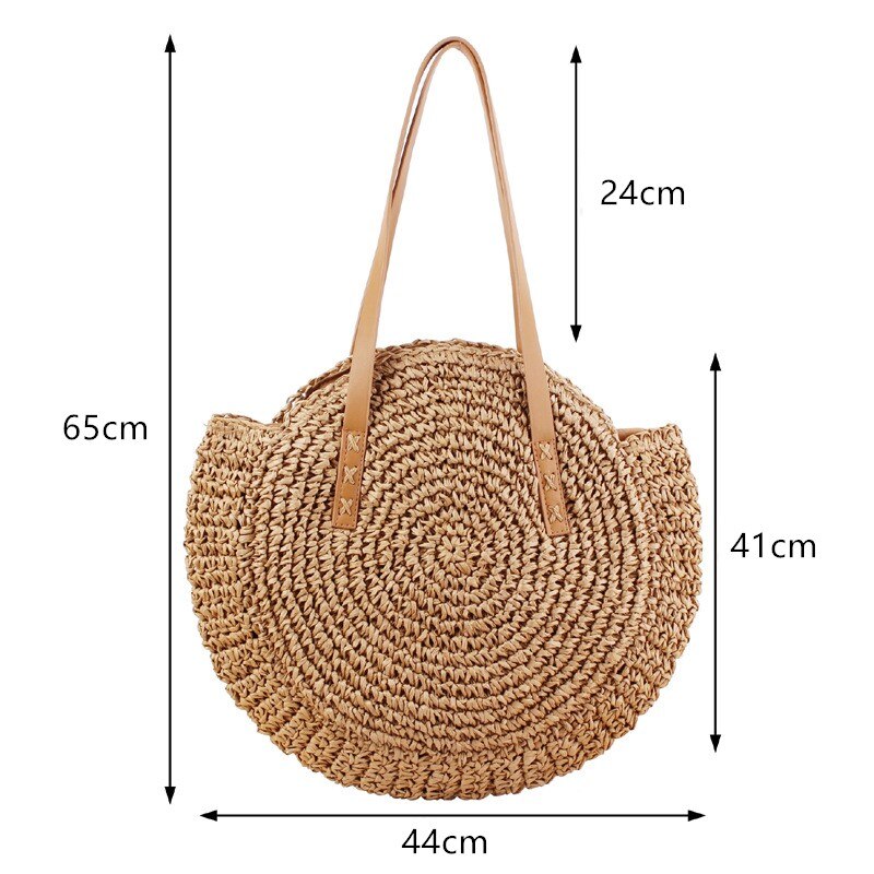 Bolso de playa de paja para mujer, bolsa de rafia tejida a mano de estilo bohemio e informal y con redondo para el verano