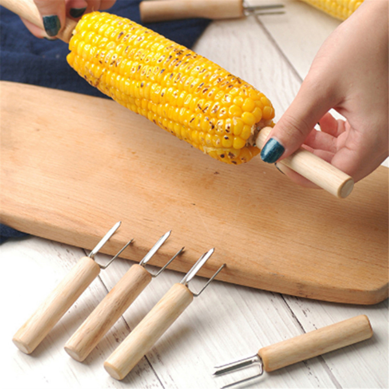 BBQ Mais Gabeln essen Gabeln Mais Braten Nadel Mais Stecker Grill Rindfleisch Wurst Obst Holz Griff Gabel