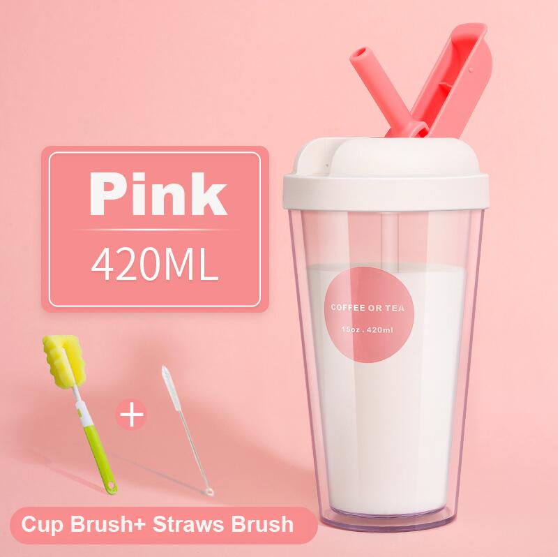 Ins 420ml dubbla lager återanvändbar kaffekopp mjölk te smoothie halmkoppar utomhus dricksflaska resemugg med borste: Rosa