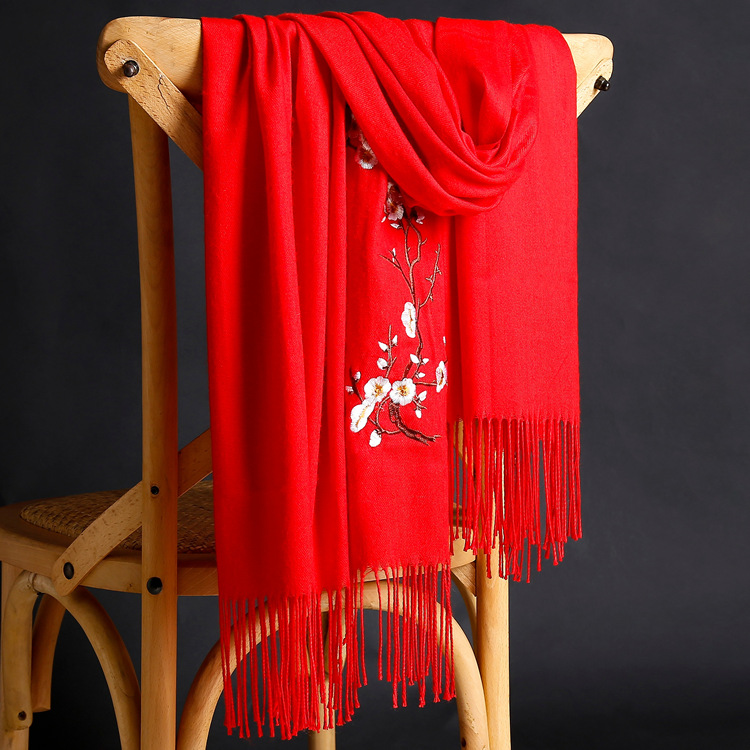 Cashmere Warm Scarves With Tassel Women Autumn Embroidery Solid Color Long Wraps Women Scarf Female Shawl Winter Scarf