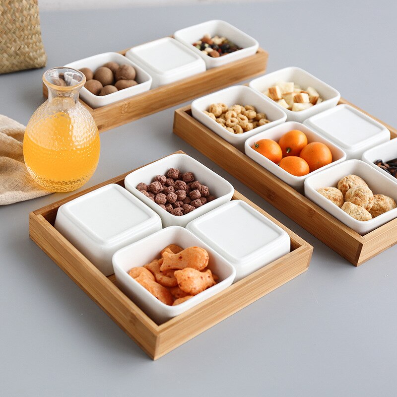Ceramic Grid Fruit Snack Plate Serving Platter Japanese Small Dish with Tray Japanese-Style Ceramic Bamboo Fruit Nuts Plate