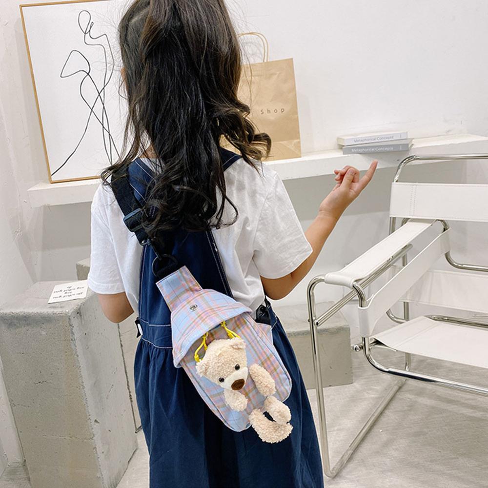 Mode Vrouwen Schattige Beer Gecontroleerd Messenger Tas Dames Canvas Tas Plaid Patroon Borst Tas Schoudertas