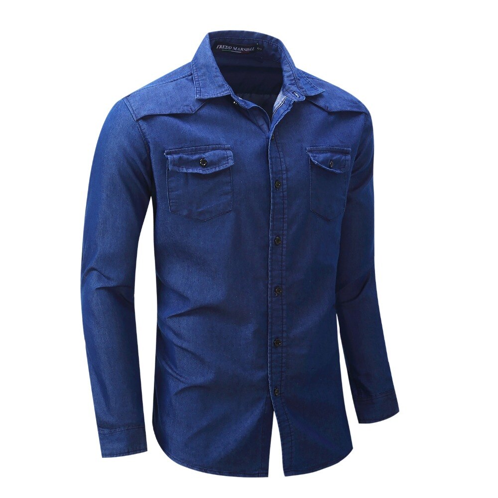 Jeansskjorta herrskjortor manliga långärmade jeans randiga och rutiga skjortor klassiska lediga prickiga toppar