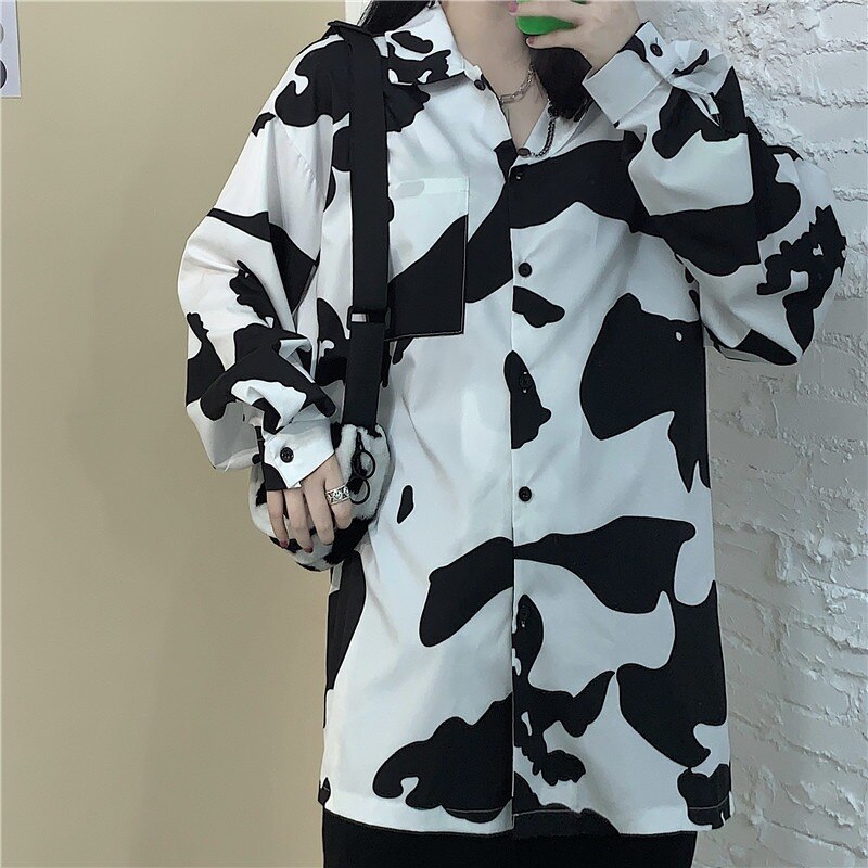 QWEEK Harajuku Shirt Women Korean Style Cow Print Blouses Oversized Streetwear Button Up Shirt Long Sleeve Casual