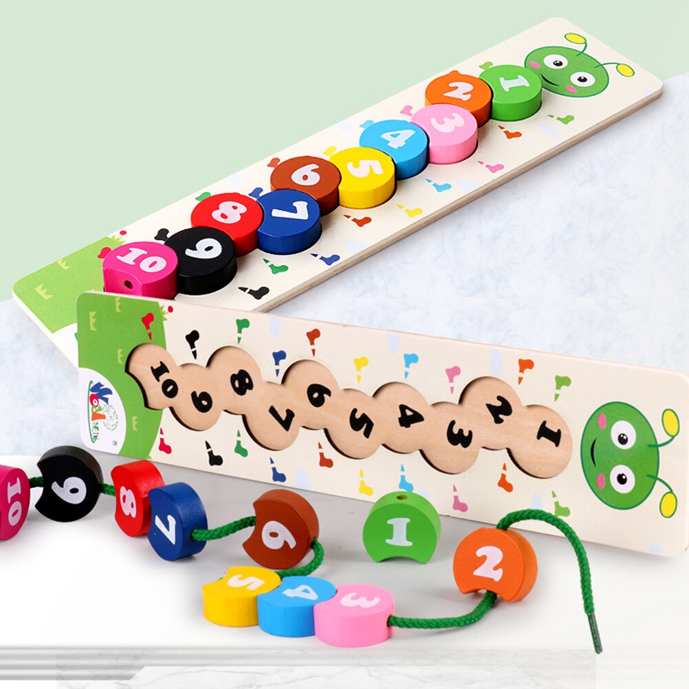 Wooden Cartoon Caterpillars Threading Beads Number Counting Kids Education Toys Help children develop hand-eye co-ordination