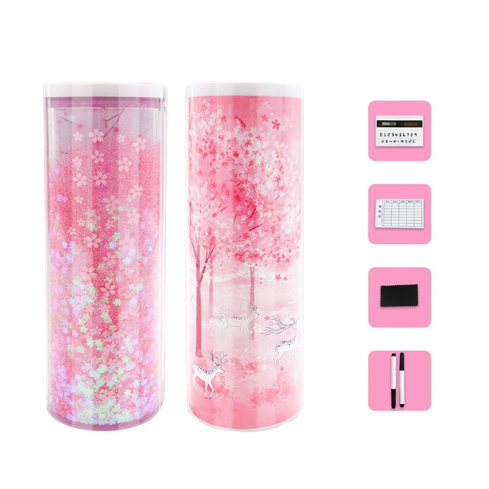 Quicksand Pencil Box Translucent Multifunction Cylindrical Pencil Case with Mirror Calculator School Student Stationery