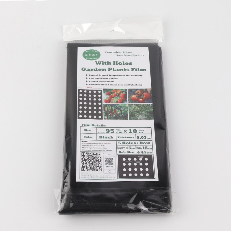 95cm*10m 0.03mm 5 huller sort barkfilm havearbejdsplanter plast perforeret pe film barkflisemembran til jordbær