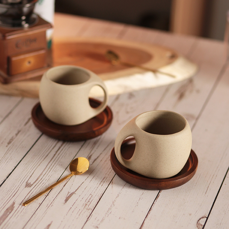 Retro kaffekop og tallerkensæt, høj lille lattekop til hjemmebrug med groft porcelæn og udsøgt