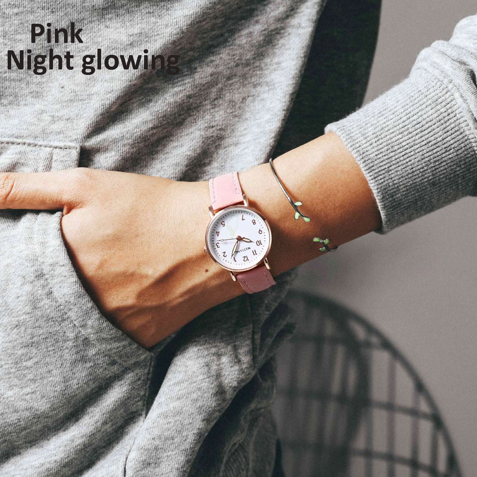 Reloj luminoso de noche brillante para mujer, Relojes de Cuero sencillos y pequeños, caja de reloj de cuarzo, pulsera para niña: Pink