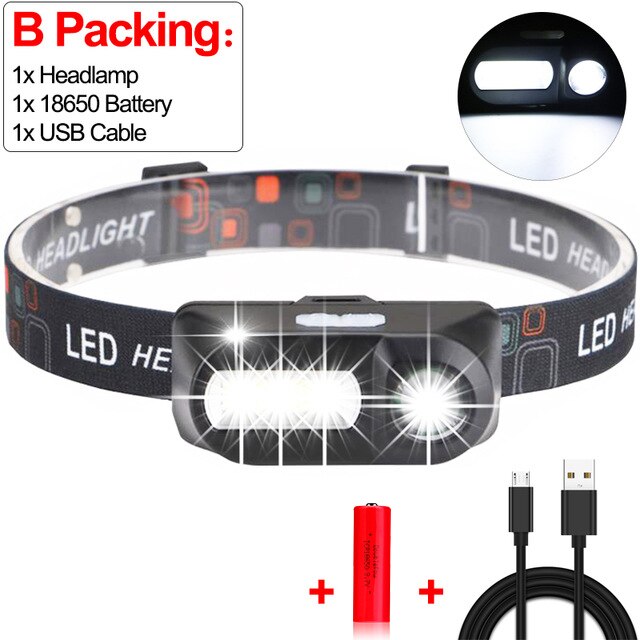 Brightest LED Headlamp Outdoor Head Light camping XPE+COB USB charging Fishing headlights Waterproof flashlight with 18650: Package B