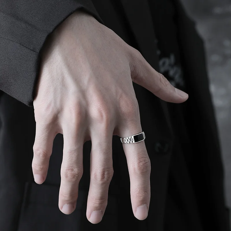 último anillo rectangular negro de cristal, accesorios para dedos de boda para hombre, anillo cuadrado clásico, joyería de plata 925 para hombre ajustable