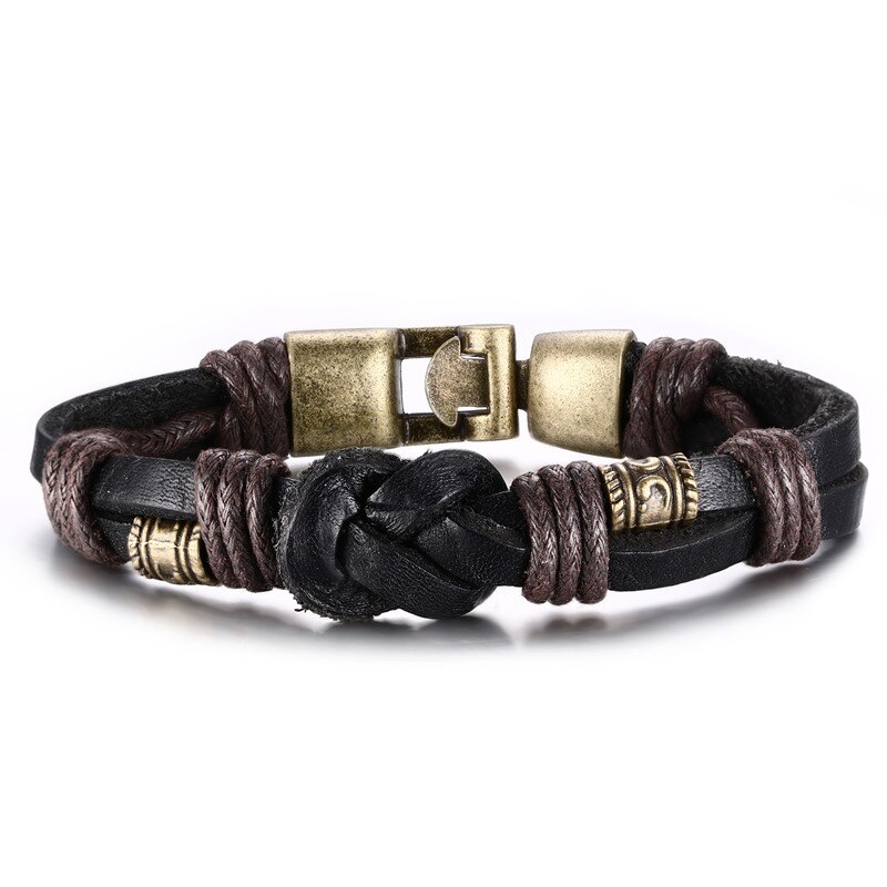 2 STKS heren Vintage Donkerbruin Zwart Dubbele rij Lederen Nautische Knoop Armband voor Mannen Polsbandje Touw met legering Gesp Sieraden: BL-116B