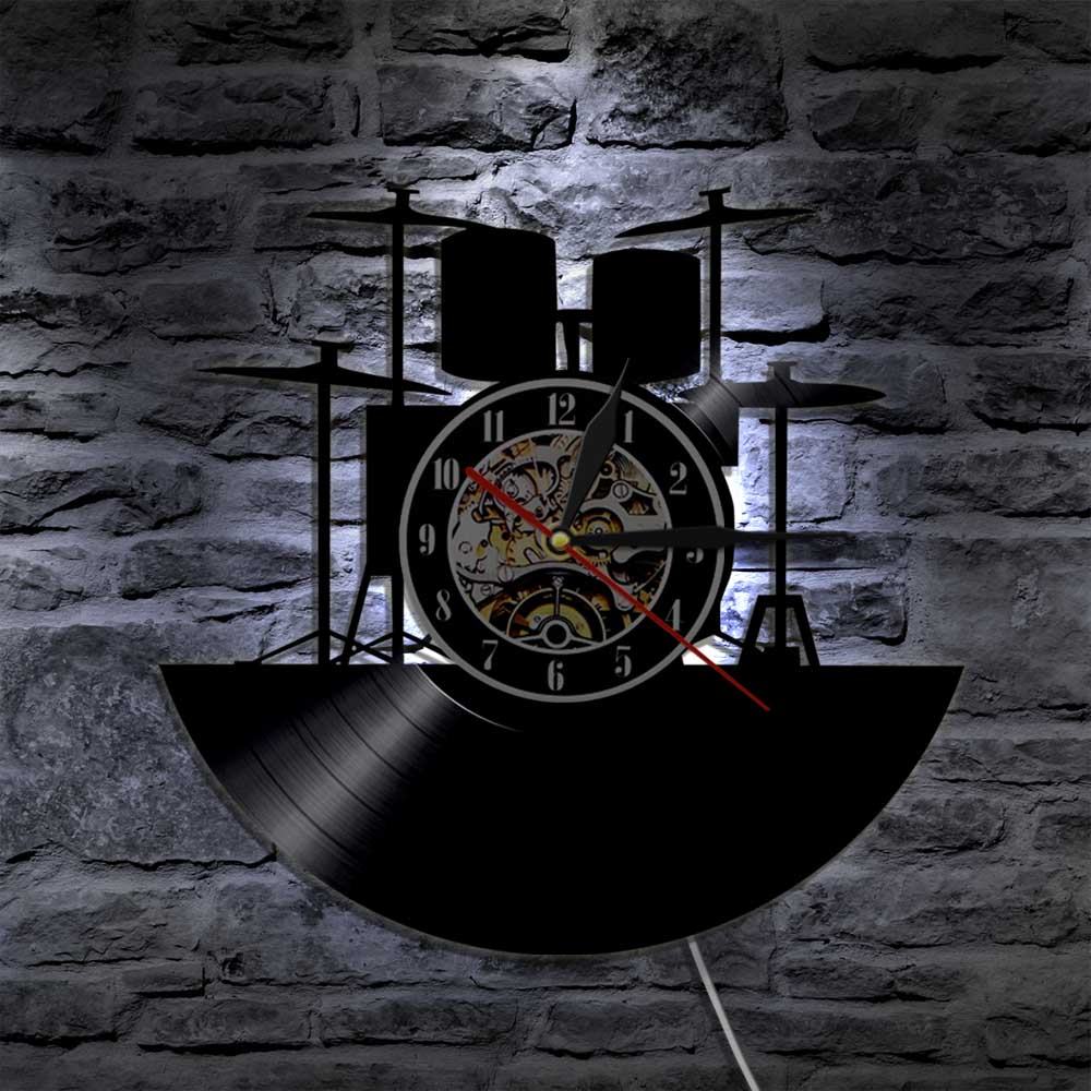 1 stück Trommel Bausatz Vinyl Uhr Wanduhr Drumkit LED Licht Felsen N rollen Jahrgang Moderne Wohnkultur Handgemachtes für Musik Liebhaber