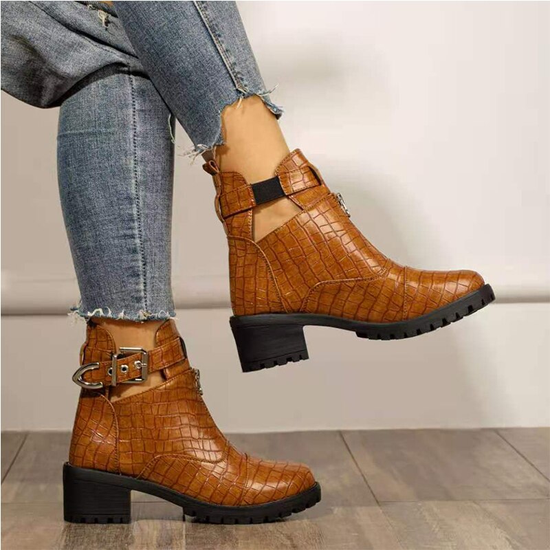 Woman Platform Boots Ladies Motorcycle Cowboy Boots Women PU Leather High Heels Short Booties Ankle Botas Zipper Shoes